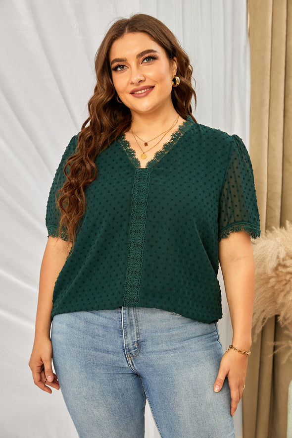 V Neck Lace Crochet Swiss Dot Short Sleeve Blouse