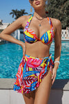 Multicolor Floral Print Halter Backless Bikini Swimsuit with Sarong