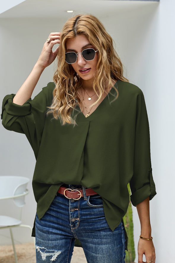V Neck 3/4 Sleeve High Low Hem Shirt