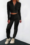 Ribbed Knit Cropped Hoodie and Jogger Two Piece Set