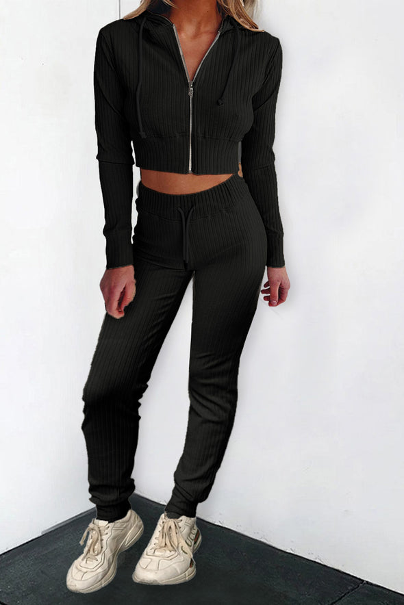 Ribbed Knit Cropped Hoodie and Jogger Two Piece Set