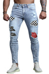 Men's Skull Print Patchwork Distressed Skinny High Waist Jeans