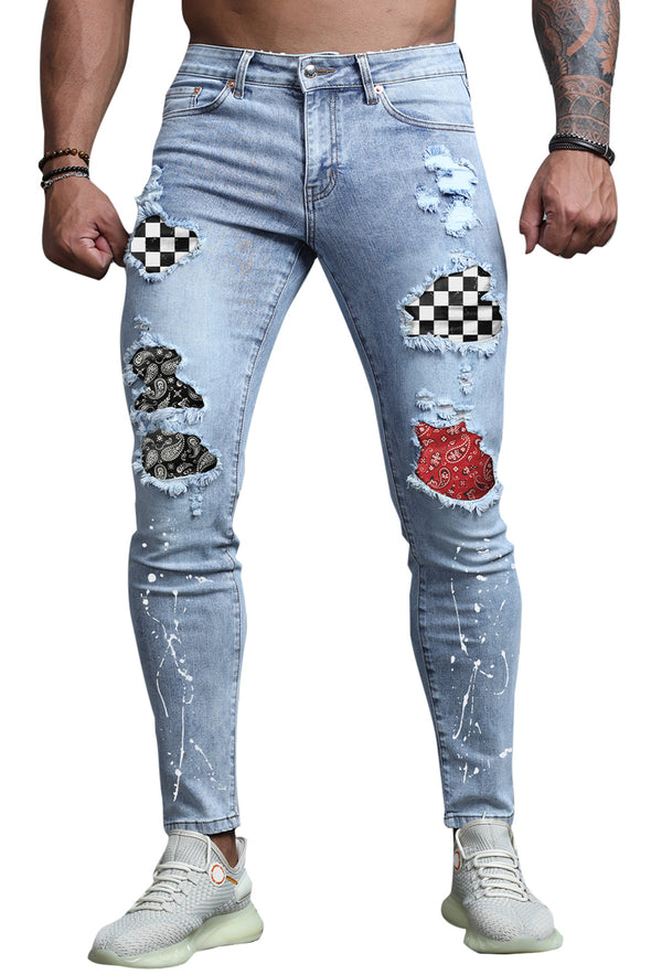 Men's Skull Print Patchwork Distressed Skinny High Waist Jeans