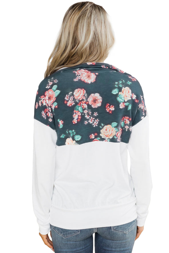 Floral Splice Pink Kangaroo Pocket Zip Collar Sweatshirt