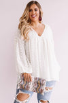 Wine Red V Neck Lantern Sleeve Swiss Dot Plus Size Blouse