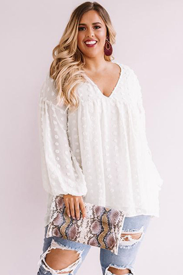 Wine Red V Neck Lantern Sleeve Swiss Dot Plus Size Blouse