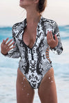 Print Zipper Cut-out Rash Guard Swimsuit