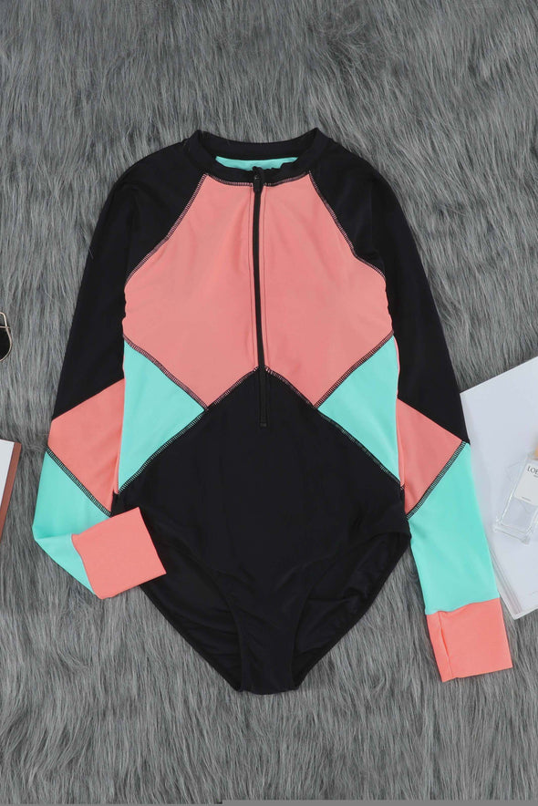 Color Block Zipper Long Sleeve Rash Guard Swimwear