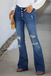 Dark Blue Mid Rise Button Front Flare Denim