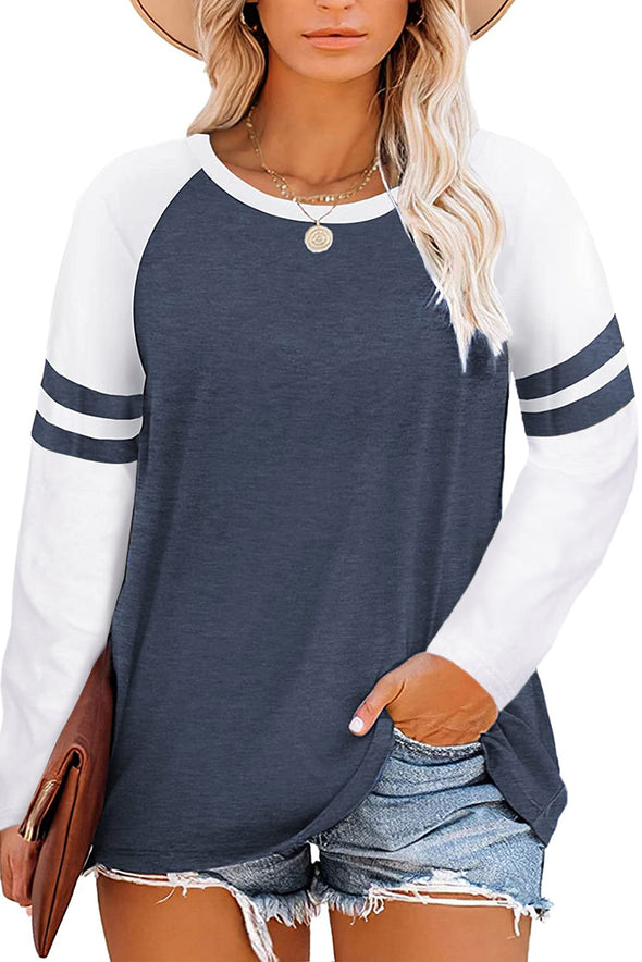 Crewneck Striped Splicing Sleeve Patchwork Plus Size Top