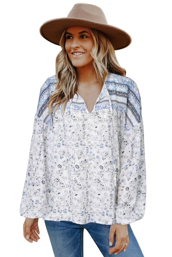 Floral Print Drawstring Loose Puff Sleeve Shirt