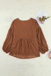 Wine Red V Neck Lantern Sleeve Swiss Dot Plus Size Blouse