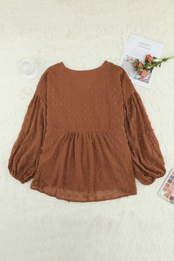 Wine Red V Neck Lantern Sleeve Swiss Dot Plus Size Blouse