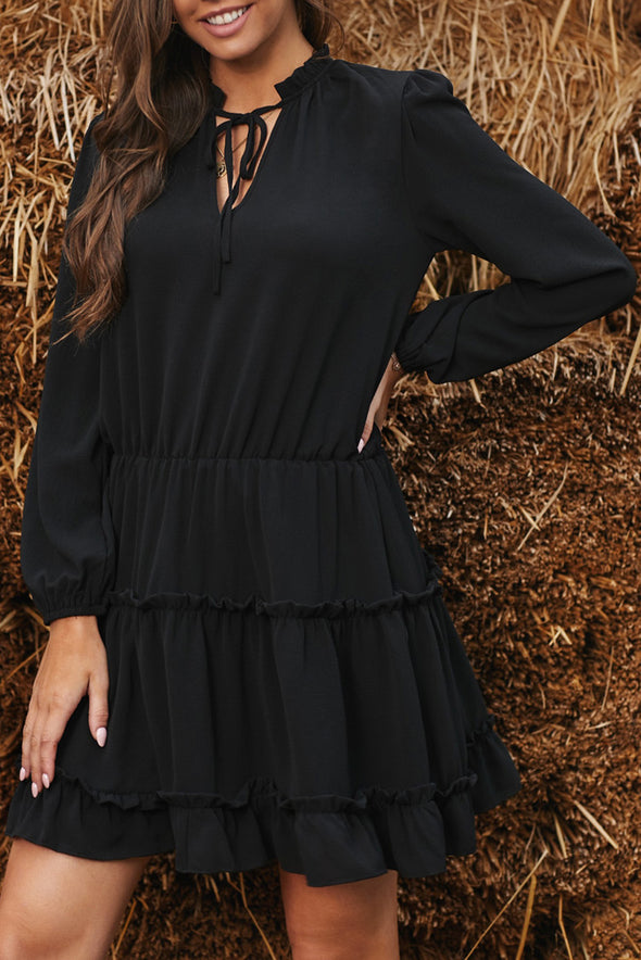 V Neck Long Sleeve Ruffle Tiered Mini Dress