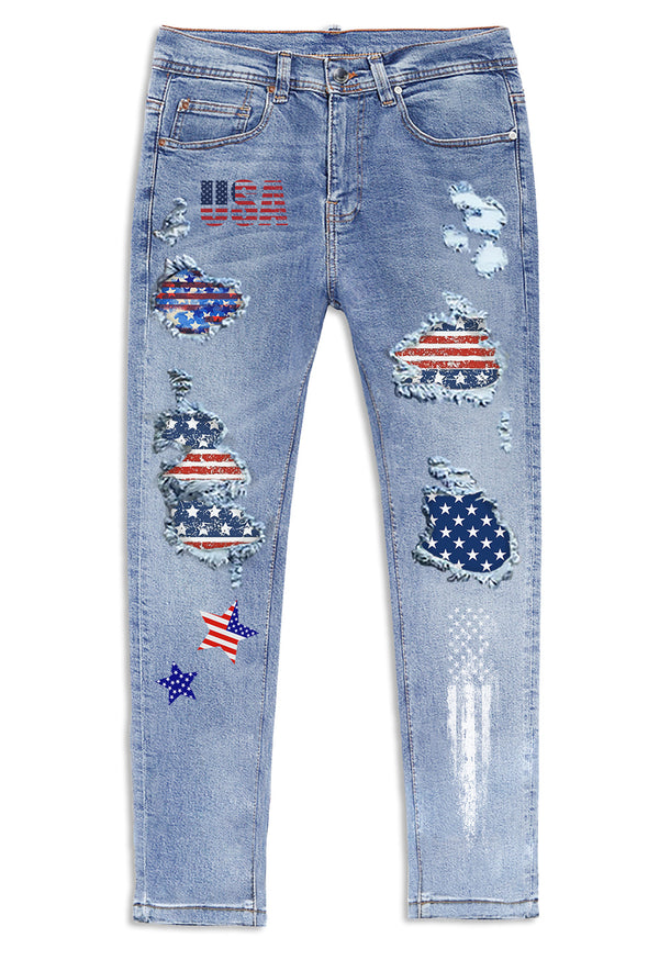 Men's Skull Print Patchwork Distressed Skinny High Waist Jeans