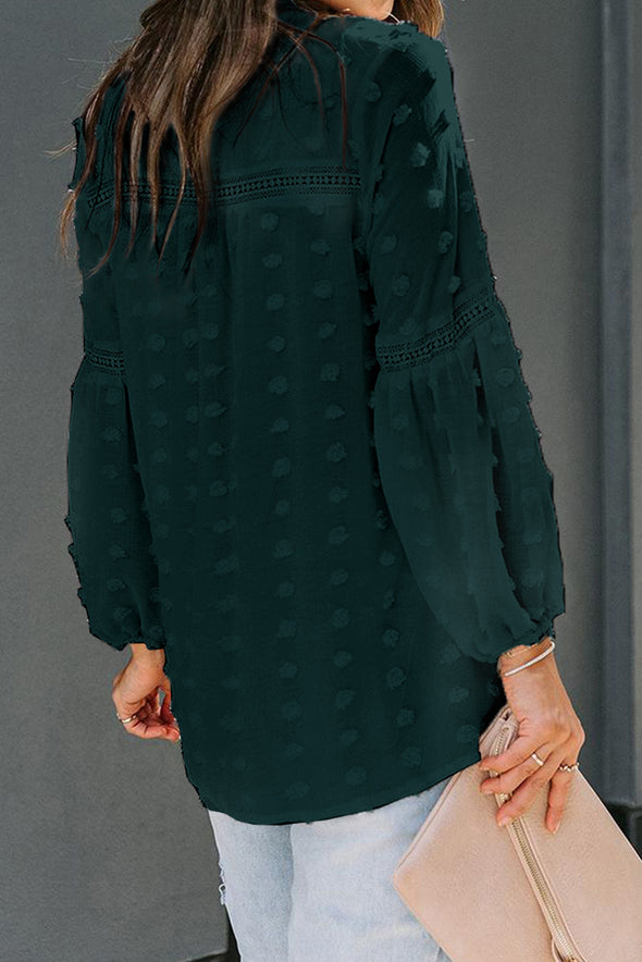 Swiss Dot Split Neck Ruffle Babydoll Blouse