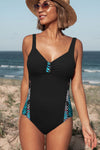 Leaves Splicing Ruched Front Open Back One-piece Swimsuit