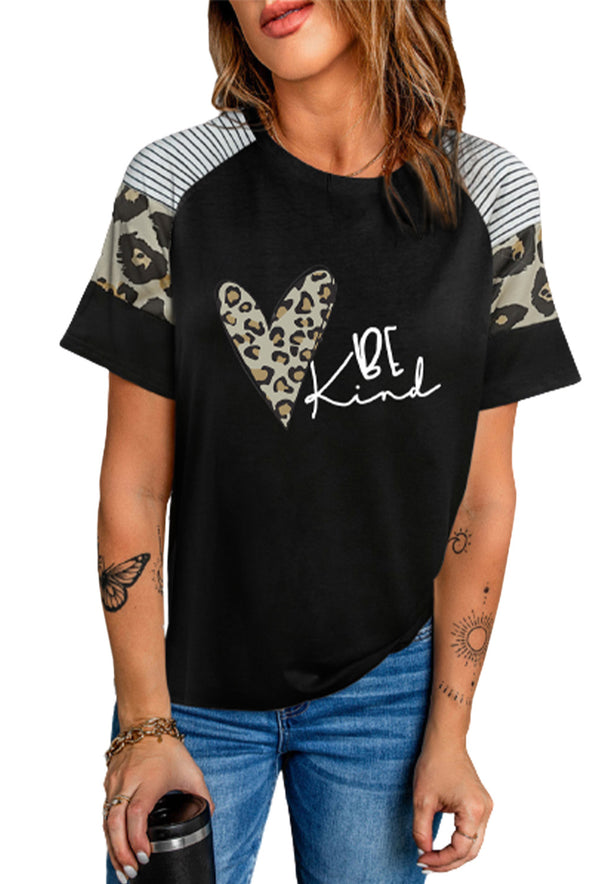 Letter Heart Print Leopard Striped Color Block Short Sleeve T-shirt