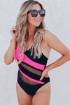 Colorblock Mesh Backless One-piece Swimwear