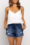 Elastic Waist Distressed Raw Hem Denim Shorts