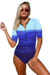 Blue Leaves Zip Front Half Sleeve One Piece Swimsuit