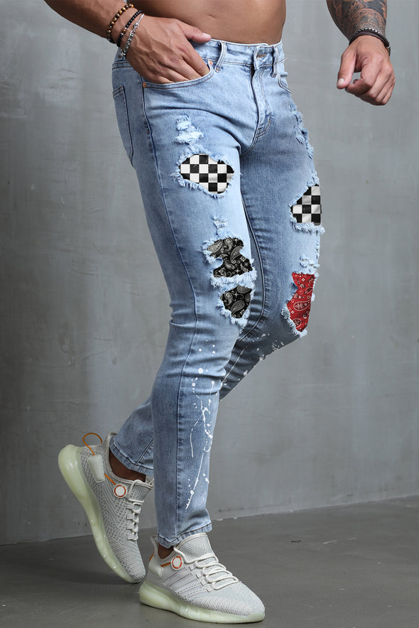 Men's Skull Print Patchwork Distressed Skinny High Waist Jeans