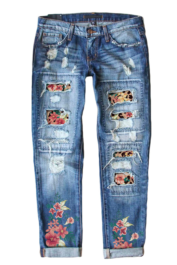 Tropical Tree Print Patchwork Distressed Jeans