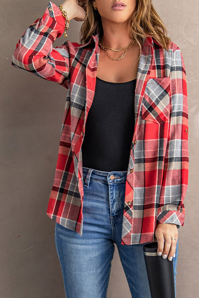 Plaid Button Blouse with Pocket