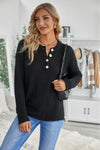 Henley Pullover Drop Shoulder Sweater with Slits