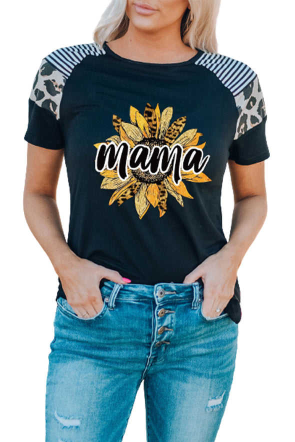 Letter Heart Print Leopard Striped Color Block Short Sleeve T-shirt