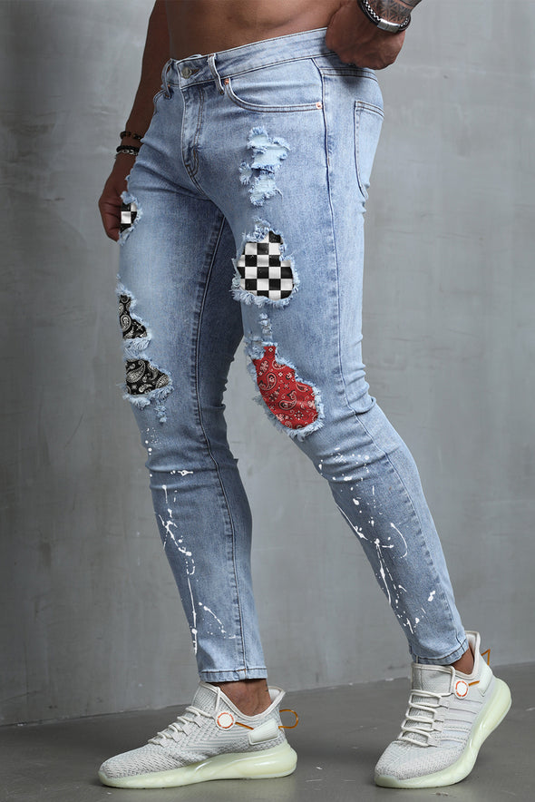 Men's Skull Print Patchwork Distressed Skinny High Waist Jeans