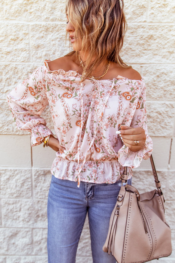 Off The Shoulder Puff Sleeve Ruffled Floral Print Blouse