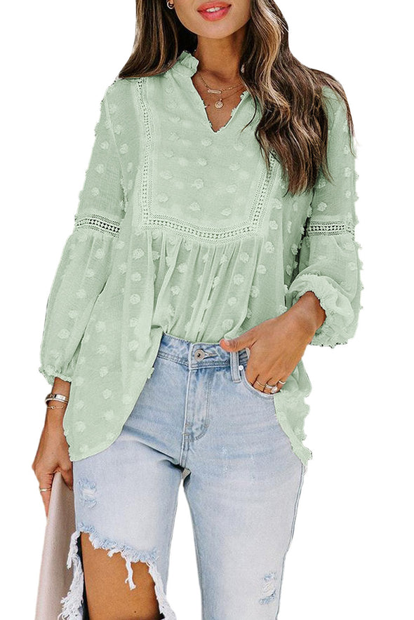 Swiss Dot Split Neck Ruffle Babydoll Blouse