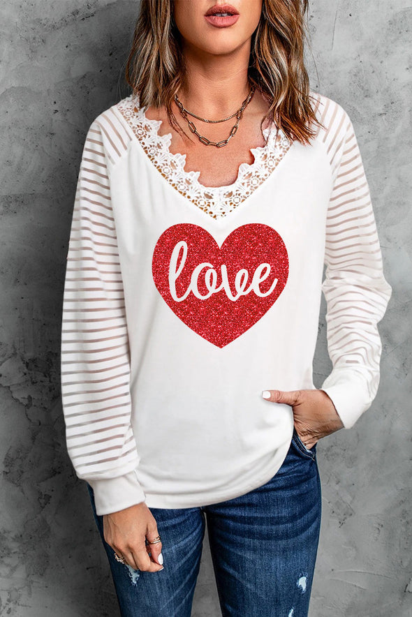 Deep V-neck Lace Stripe Long Sleeve Top