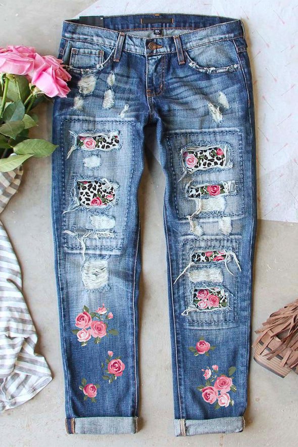 Valentine Heart Patchwork Distressed Straight Leg Jeans