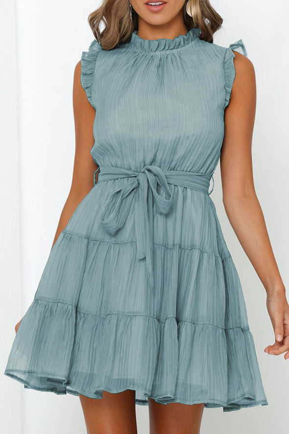 Frilled Neck Sleeveless Tiered Tulle Dress