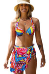 Multicolor Floral Print Halter Backless Bikini Swimsuit with Sarong