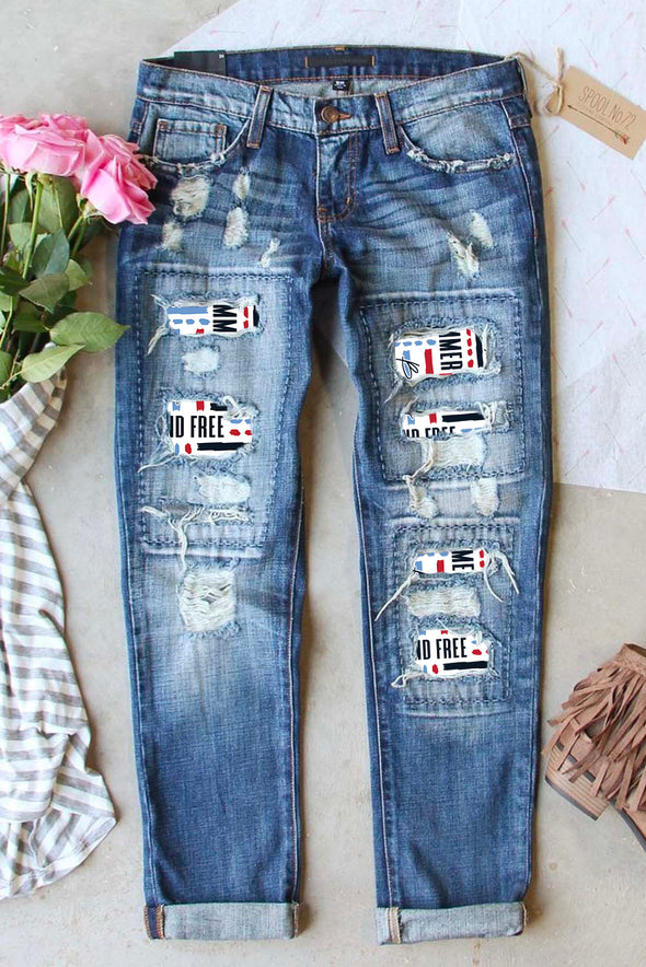 Valentine Heart Patchwork Distressed Straight Leg Jeans