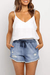 Elastic Waist Distressed Raw Hem Denim Shorts
