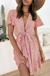 Floral Print Tie Knot Ruffled Short Sleeve Mini Dress