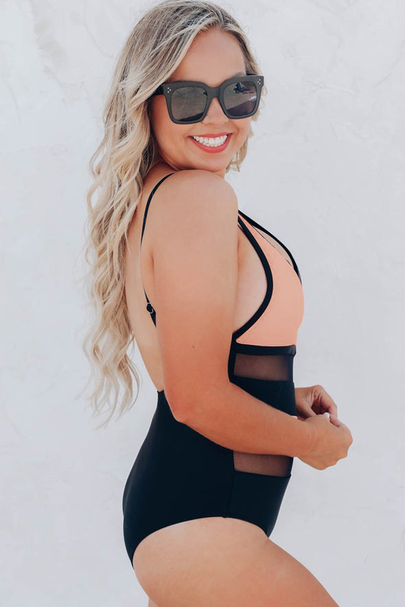 Colorblock Mesh Backless One-piece Swimwear