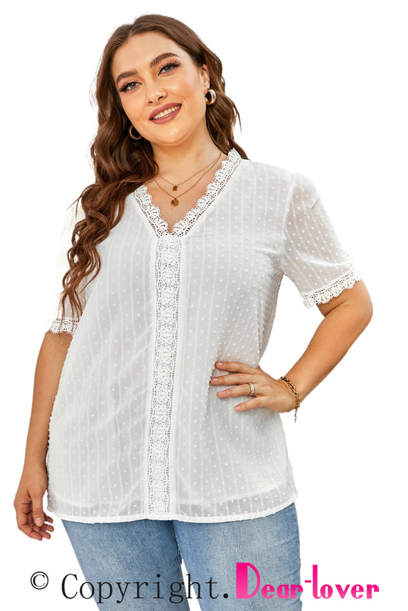 V Neck Lace Crochet Swiss Dot Short Sleeve Blouse
