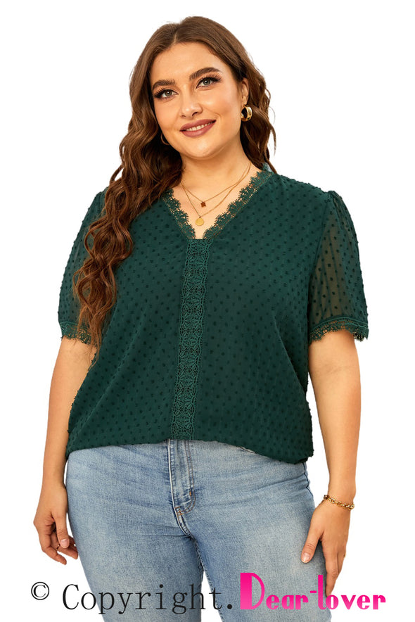 V Neck Lace Crochet Swiss Dot Short Sleeve Blouse