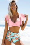 Floral Ruffled Hem High Waist Bikini Set