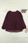 Wine Red V Neck Lantern Sleeve Swiss Dot Plus Size Blouse