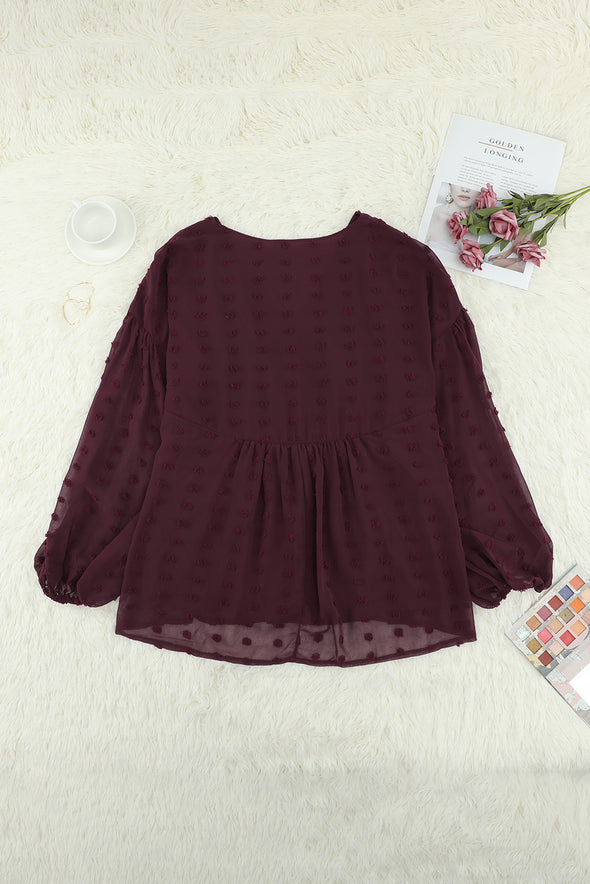 Wine Red V Neck Lantern Sleeve Swiss Dot Plus Size Blouse