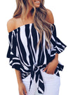 Off The Shoulder Vertical Stripes Blouse in Black