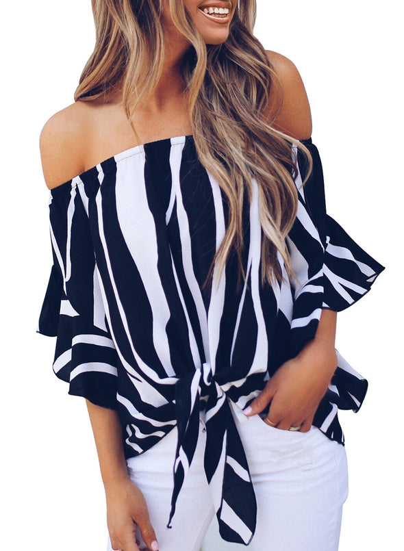 Off The Shoulder Vertical Stripes Blouse in Black