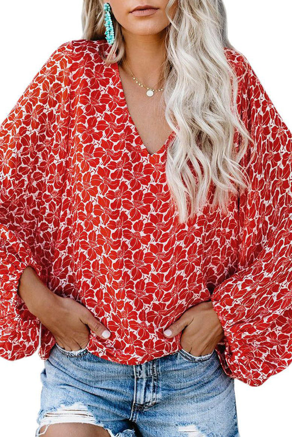 Multicolor Boho Print Balloon Sleeve Blouse