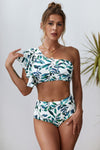 Floral Print Ruffled Single Shoulder High Waist Bikini
